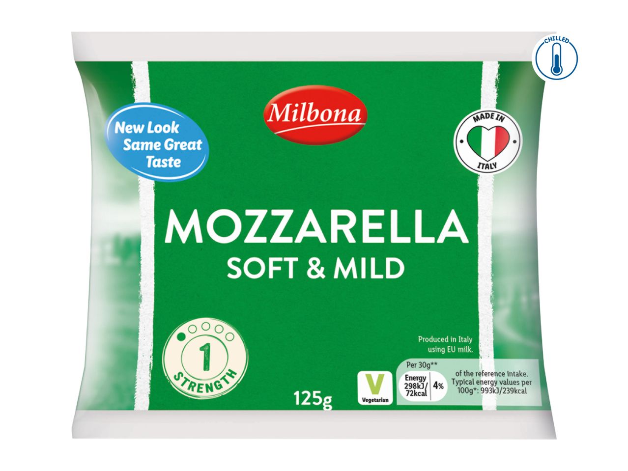 A package of soft and mild mozzarella cheese, 125g, produced in Italy, vegetarian.