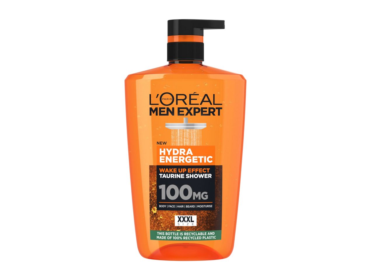 L'Oréal Men Expert Hydra Energetic Taurine Shower, XXL size, 100mg, in a recyclable bottle.