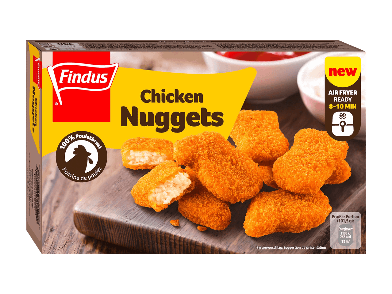 Knusprige Hähnchen-Nuggets-Packung, in 8-10 Minuten in der Heißluftfritteuse fertig.