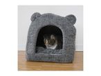 Grey plush cat bed with bear ears.