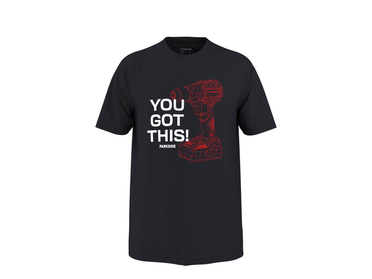 Fekete póló piros körfűrésszel és 'YOU GOT THIS!' felirattal.