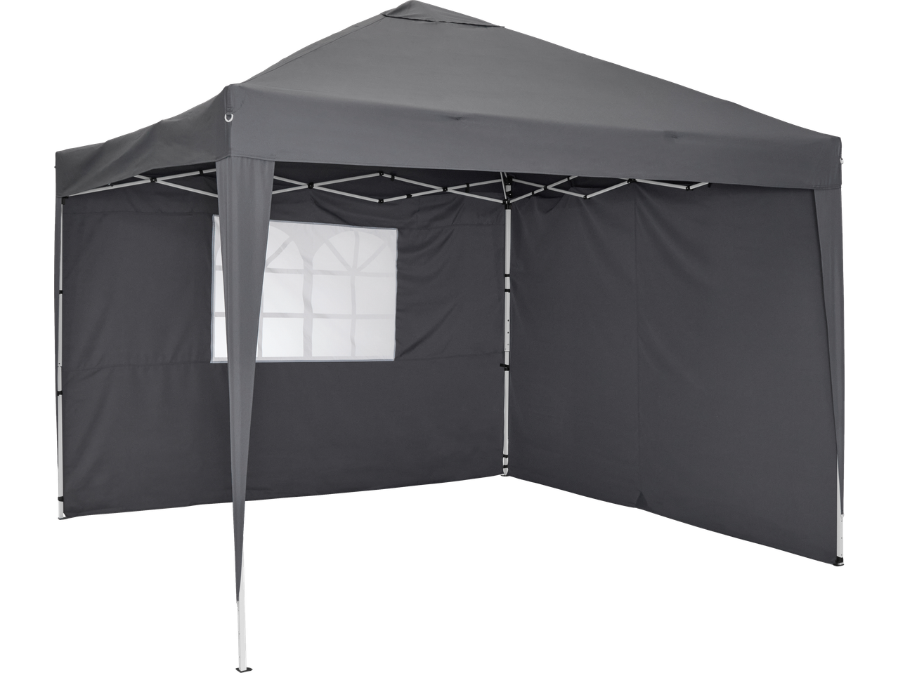 Тамносиви поп-ап шатор са прозором на једној страни, на црној позадини.