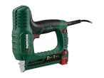 Green electric stapler with black accents, showing staple and nail type compatibility.