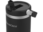 Close-up of a black Silvercrest travel mug with a flip-top lid.