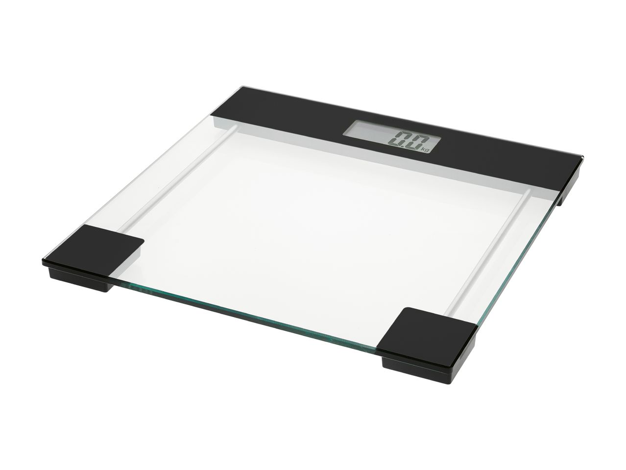 A clear glass digital bathroom scale with a black top and display showing '0.0 kg'.