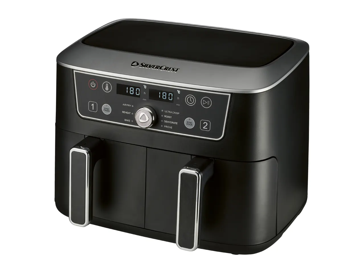 Black dual-basket air fryer with digital display showing 180°C and various cooking functions.