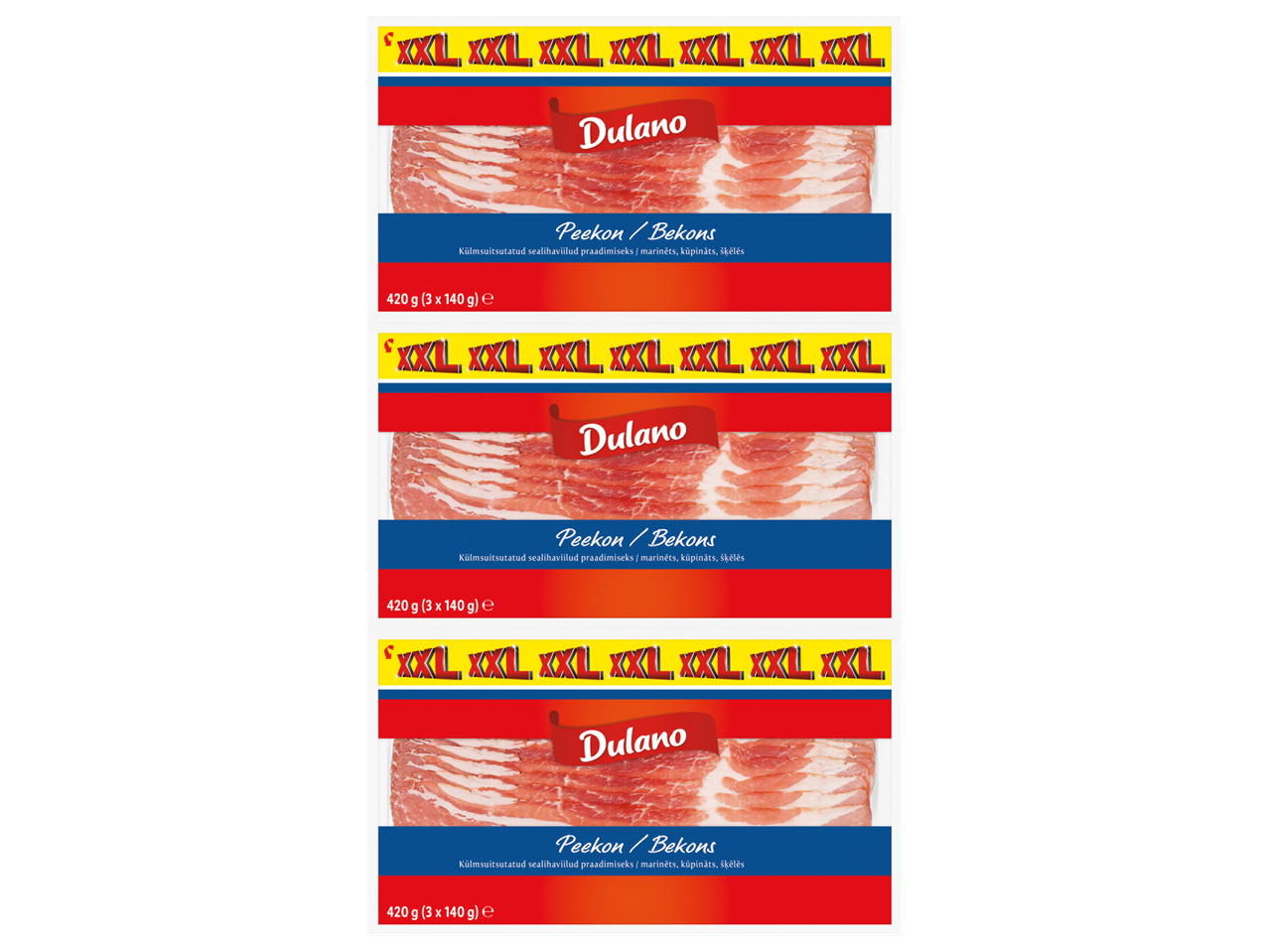 Trīs Dulano XXL šķēlēs sagrieztas bekona paciņas.