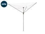 A rotary clothesline with multiple lines for drying laundry, featuring a central pole and radiating arms.