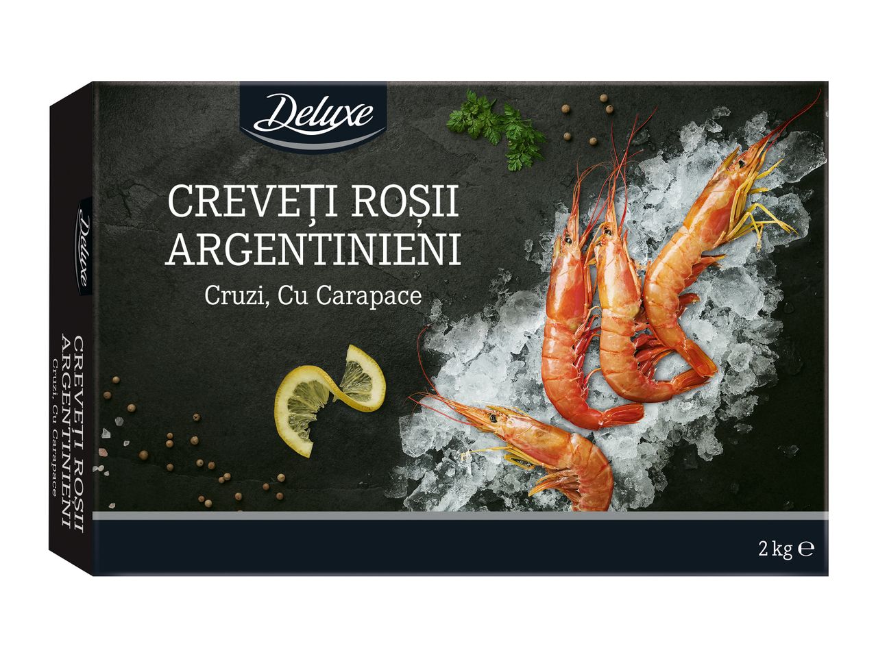 Cutie Deluxe cu creveți roșii argentinieni cruzi, cu carapace, pe gheață, cu lămâie și pătrunjel.