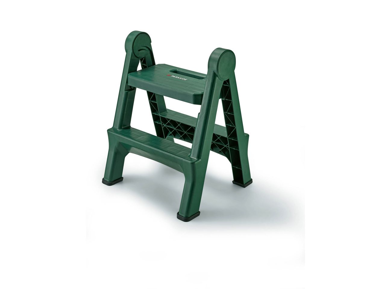 A dark green plastic folding step stool with two steps and a top platform.