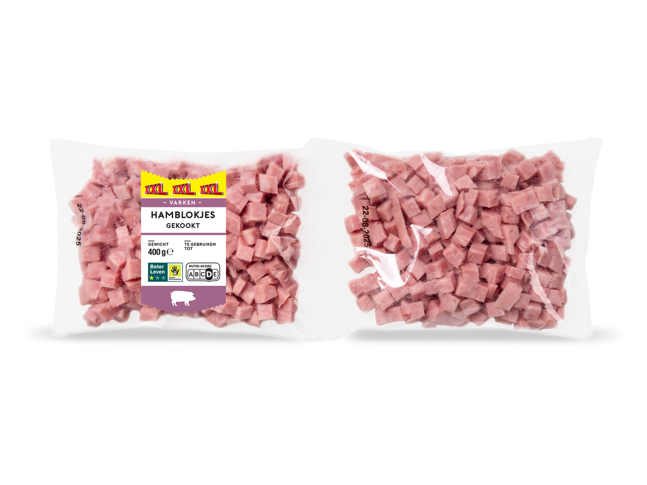 Twee verpakkingen gekookte varkenshamblokjes van 400 gram.