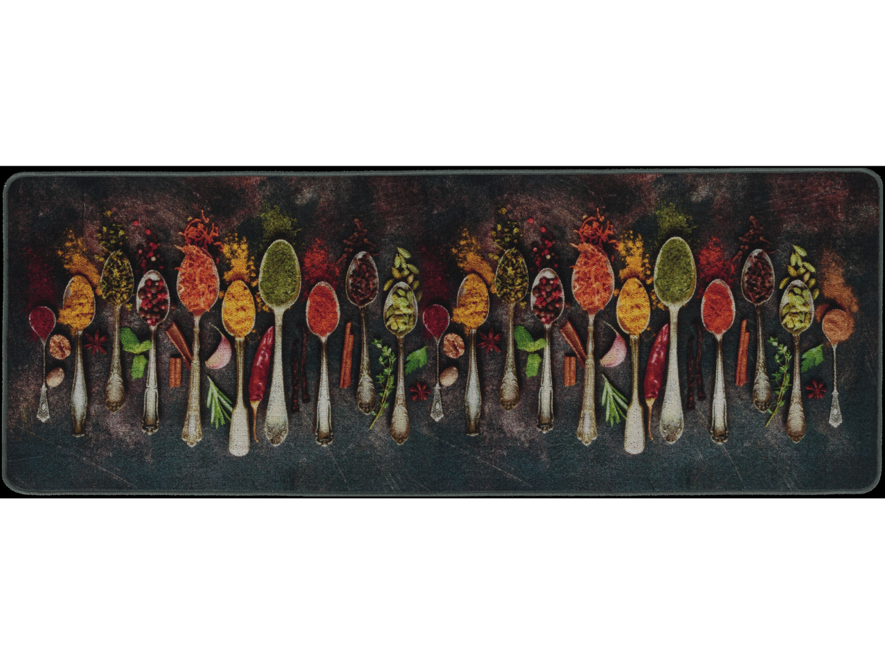 Kilimėlis su prieskonių senoviniuose šaukštuose spaudiniu.