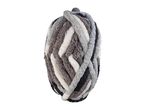 A chunky knit yarn in shades of gray, white, and black, arranged in a braided pattern.