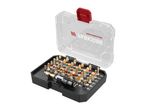 An open bit set with various gold-colored screwdriver bits and a bit holder in a black case.
