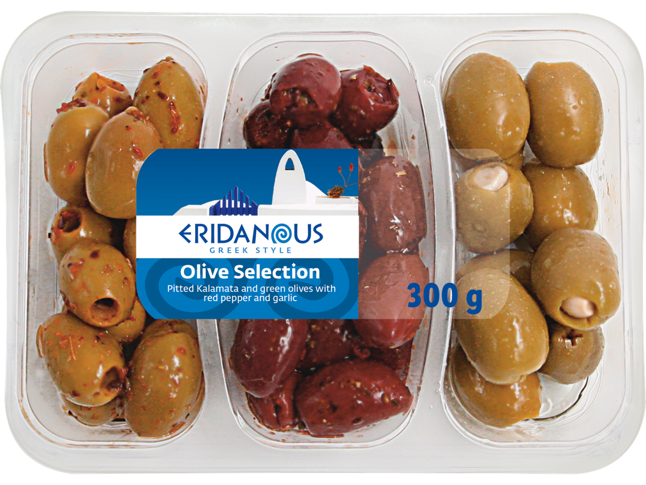 Eridanous grekisk stil: 300g blandning av Kalamata- och gröna oliver med röd paprika och vitlök.