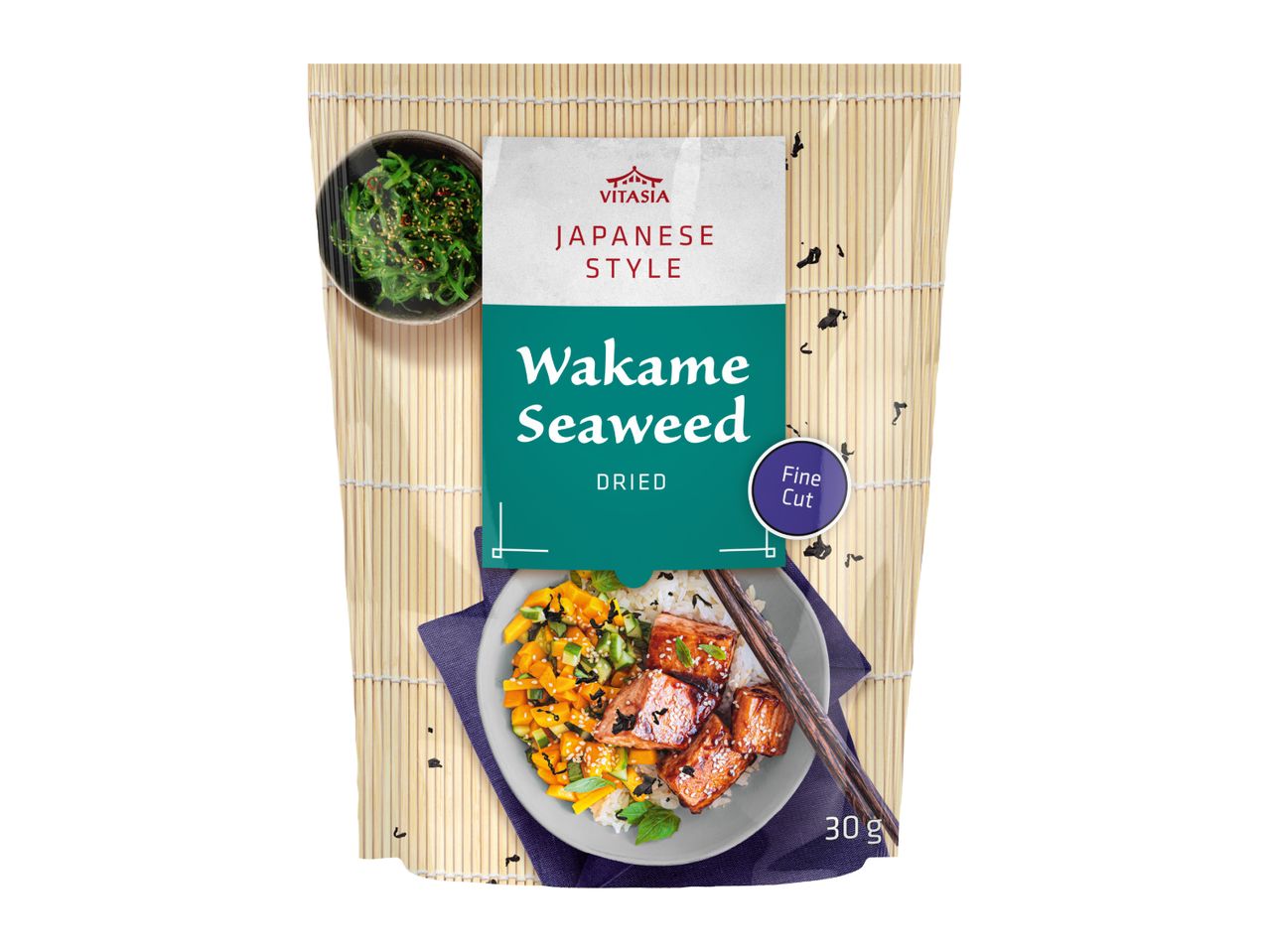 Japanese style dried wakame seaweed, fine cut, 30g, with a serving suggestion of salmon and rice.