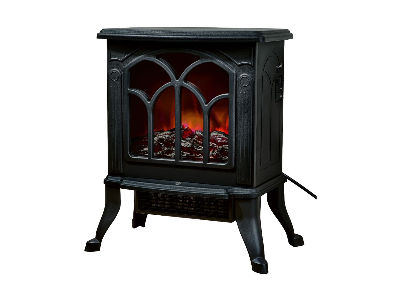 Black electric fireplace with faux flames and decorative grate, on a white background.
