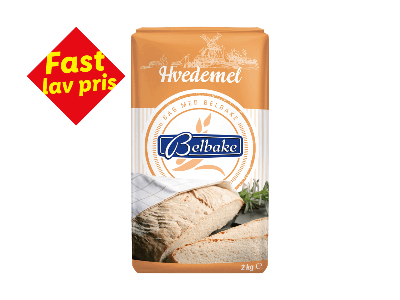 En pose hvedemel med et billede af brød og teksten 'Fast lav pris'.