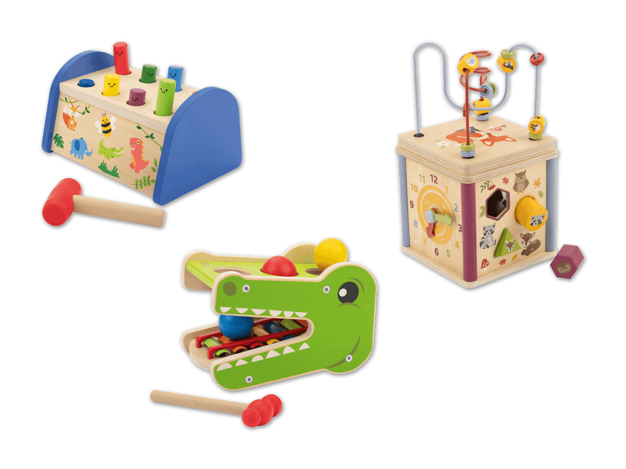 Drei bunte Holzspielzeuge: ein Hammerbank mit Tieren, ein Motorikwürfel und ein Krokodil-Xylophon.