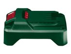 Dark green power tool battery with red accents on a white background
