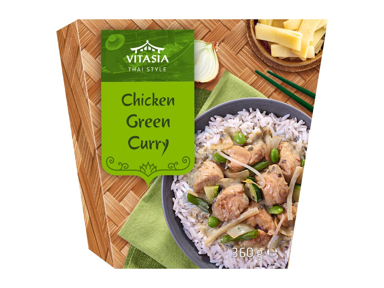 Chicken Green Curry with rice, bamboo shoots, and onion, on a woven mat background. Text: Chicken Green Curry, 360g.
