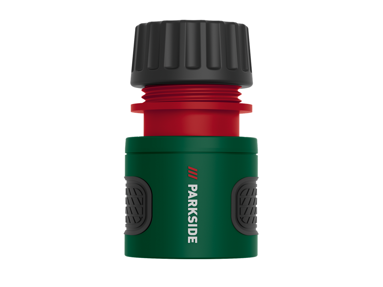 Conector de mangueira PARKSIDE verde e vermelho com pega preta serrilhada.