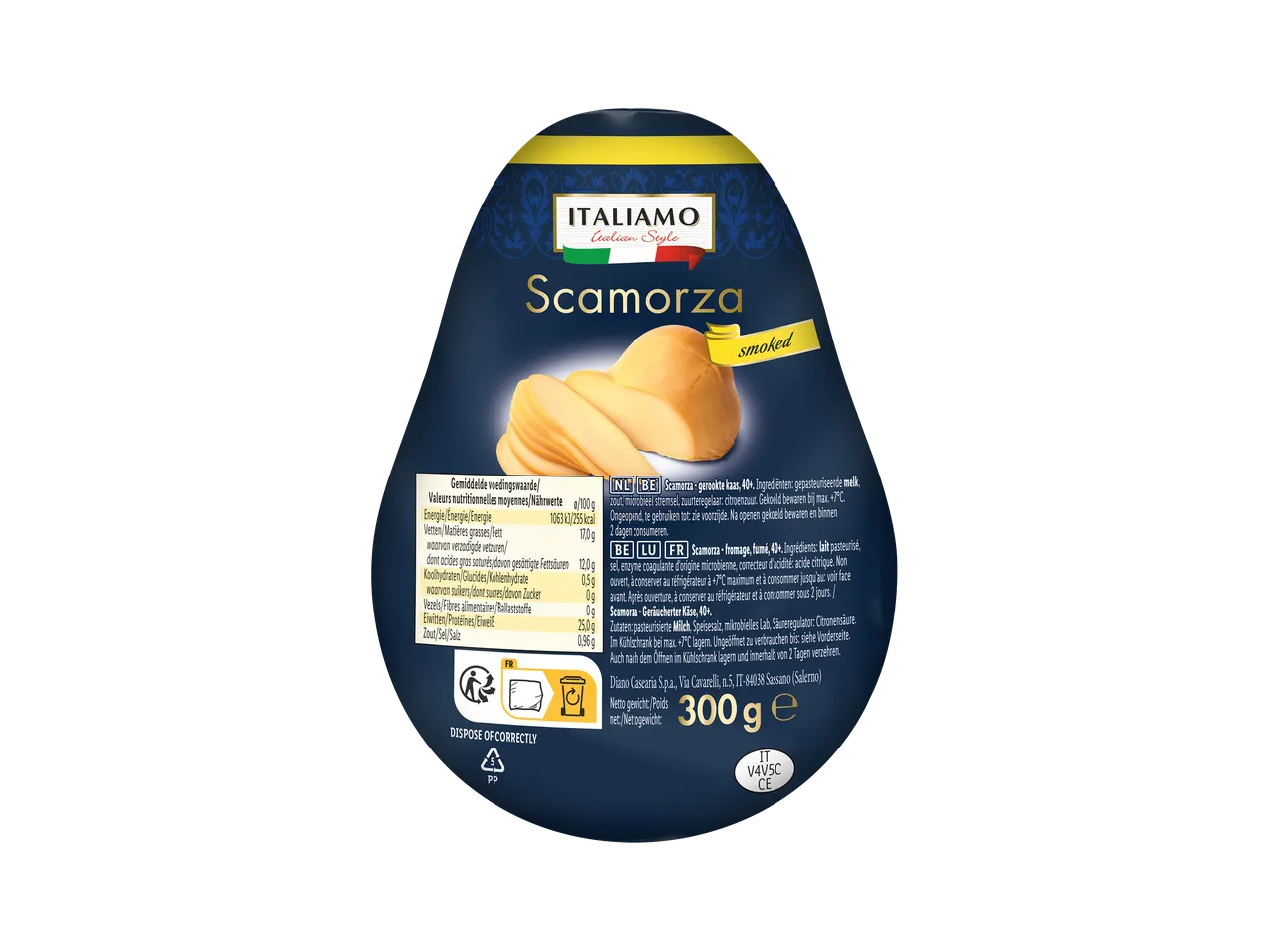 Fromage Scamorza fumé de 300g, avec informations nutritionnelles et de conservation.