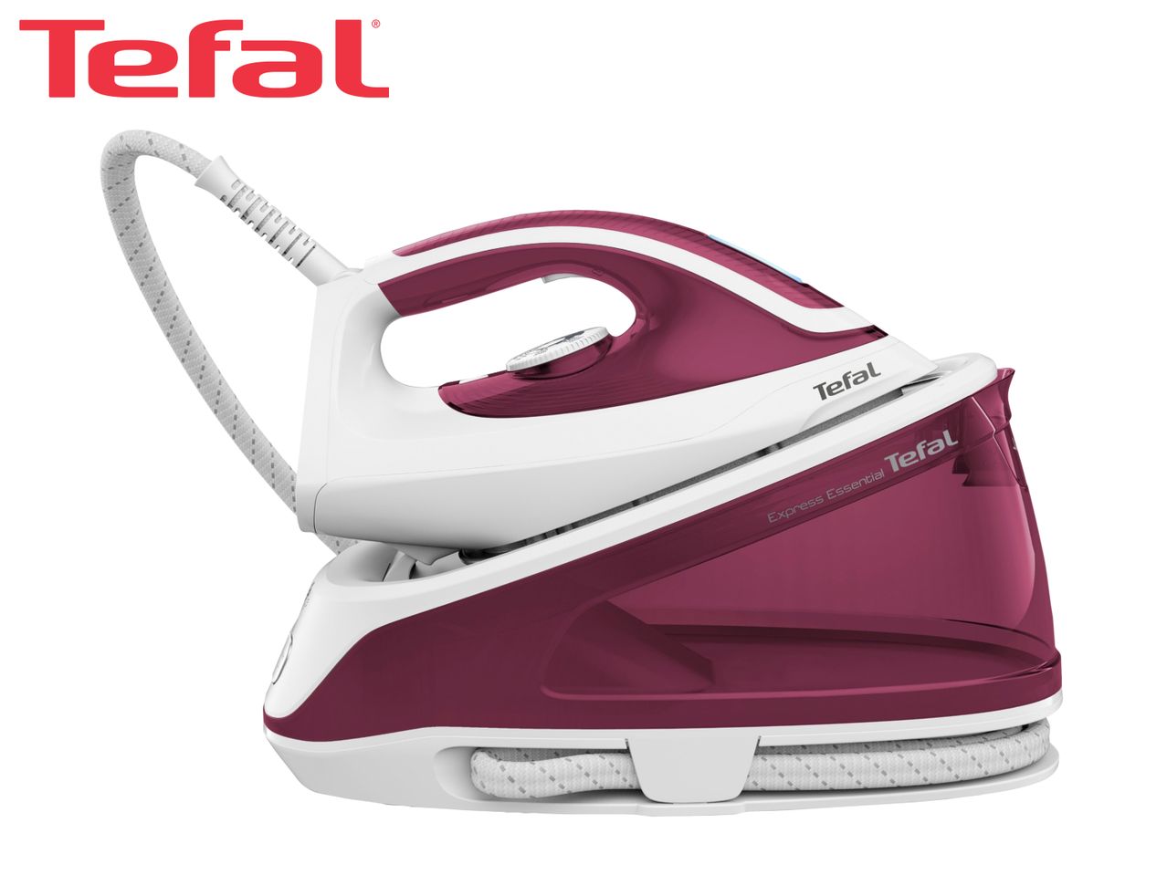 Red and white steam generator iron with a water tank and hose.