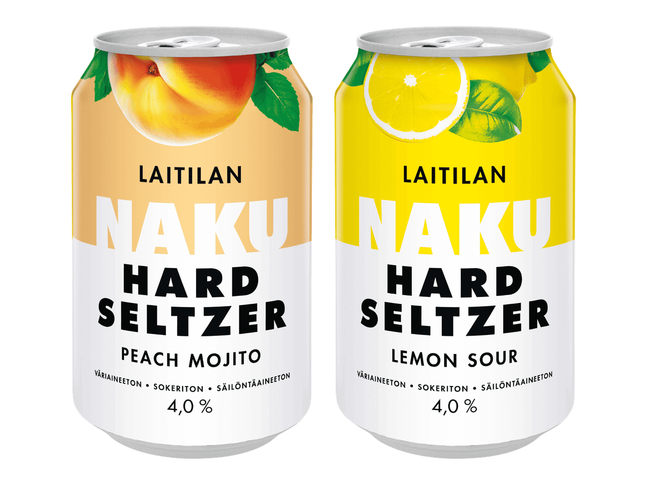 Kaksi tölkkiä hard seltzer -juomaa: persikka mojito ja sitruuna sour, molemmat 4,0 %.