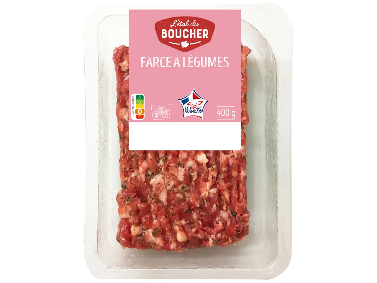 L'étal du Boucher farce à légumes, 400g, Nutri-Score D, sans colorants artificiels.