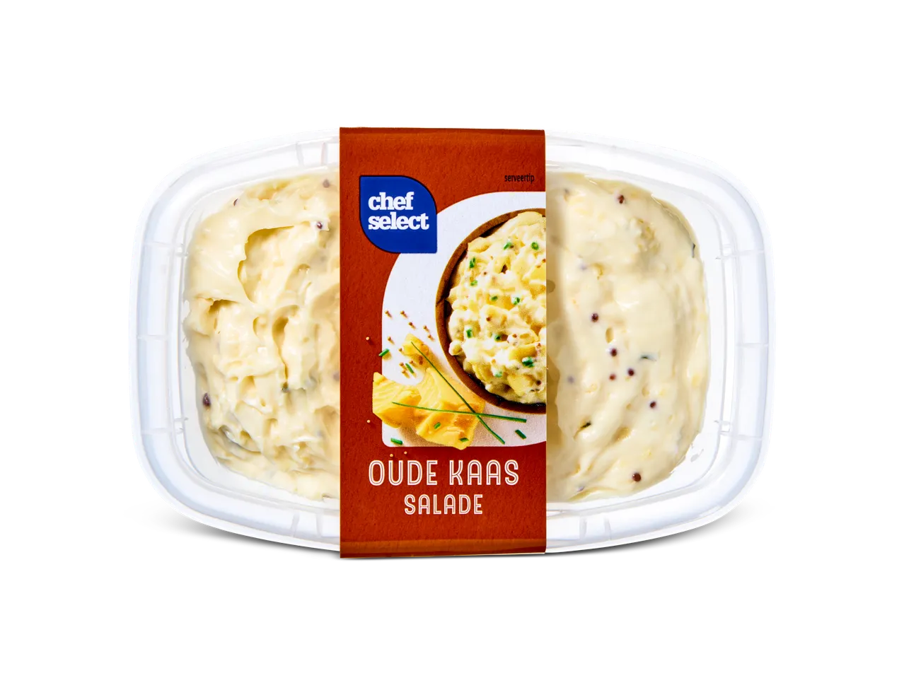 Chef Select Oude Kaas Salade in een plastic bakje.