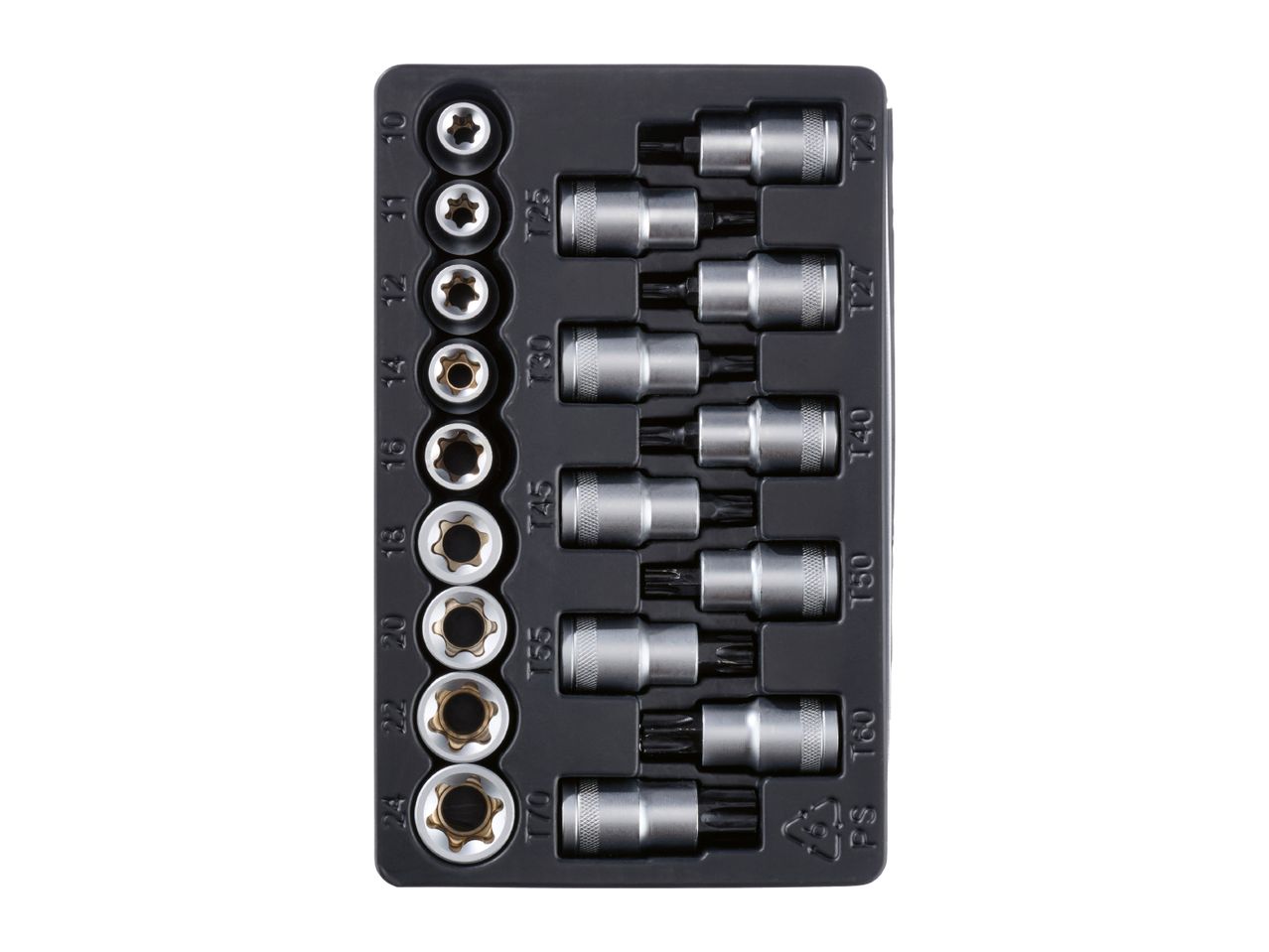 A set of Torx and E-Torx sockets in a black plastic case.