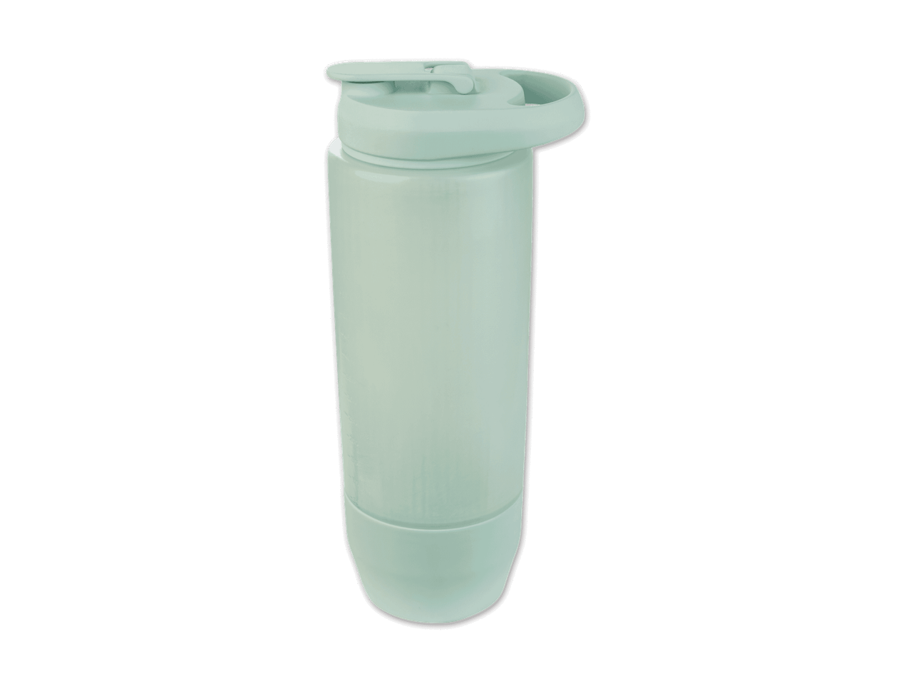 Hellgrüne Wasserflasche mit einem Griff am Deckel.