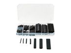 Assortment of black heat shrink tubing in various sizes, neatly organized in a plastic storage case.