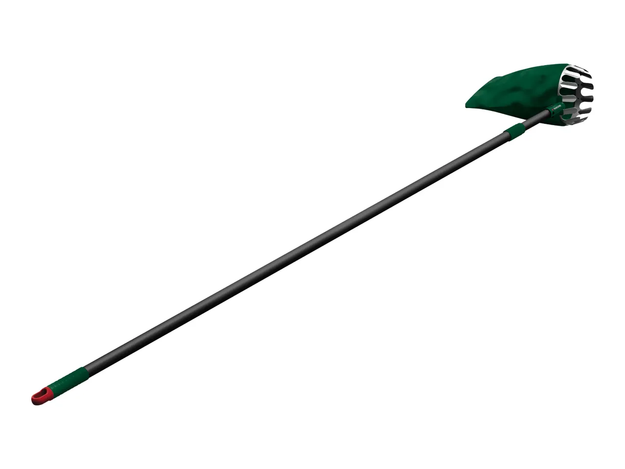 Fruit picker with a long black handle and a green collection bag with metal prongs.