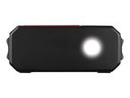 Front view of a black power bank with an integrated glowing LED flashlight