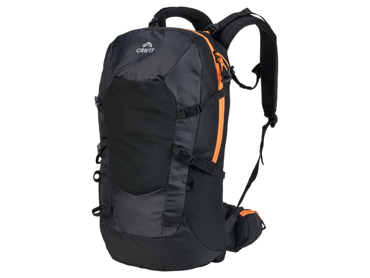 Rucsac de drumeție negru cu accente portocalii și multiple curele