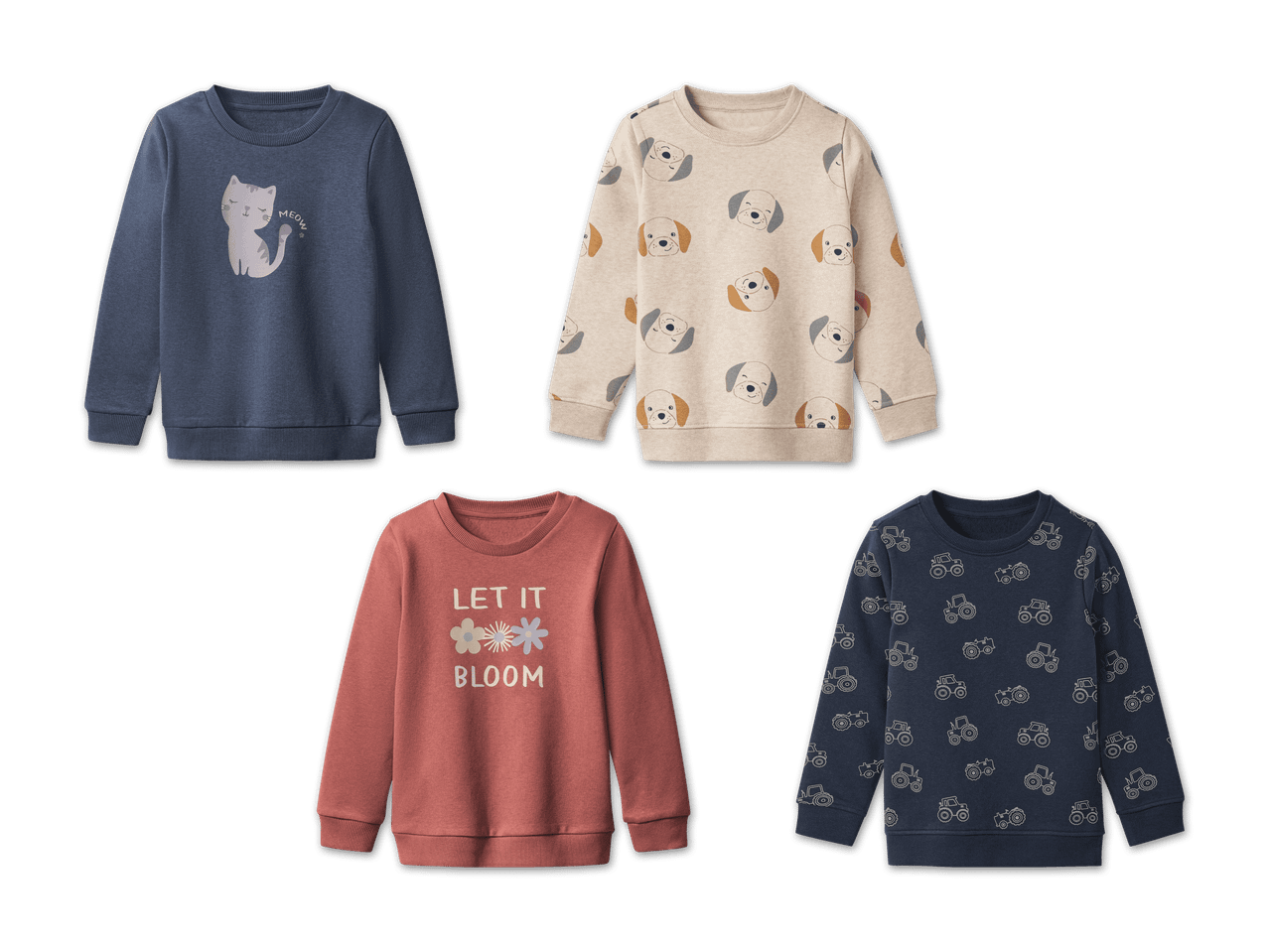 Vier Kinderpullover mit Tiermotiven, Blumen und Traktoren.