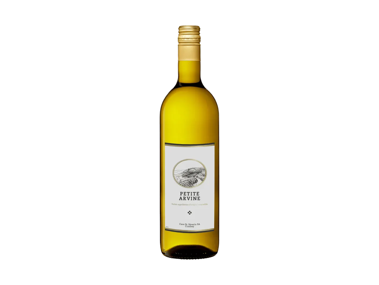 Bouteille de vin blanc avec une étiquette représentant un paysage viticole.