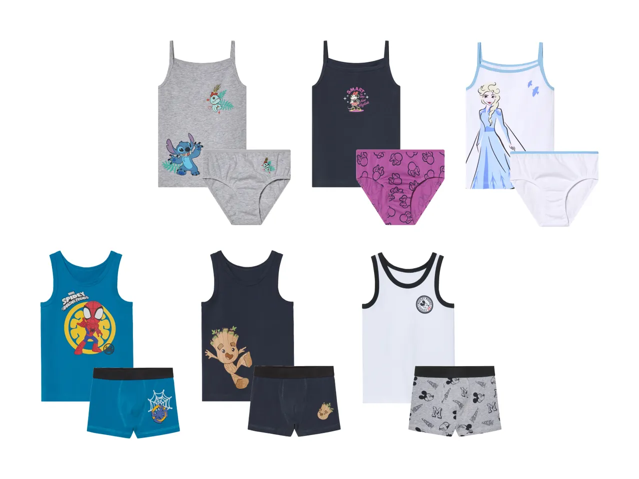 Sortiment an Kinder-Tanktops und Unterwäsche mit Disney-Figurenmotiven.