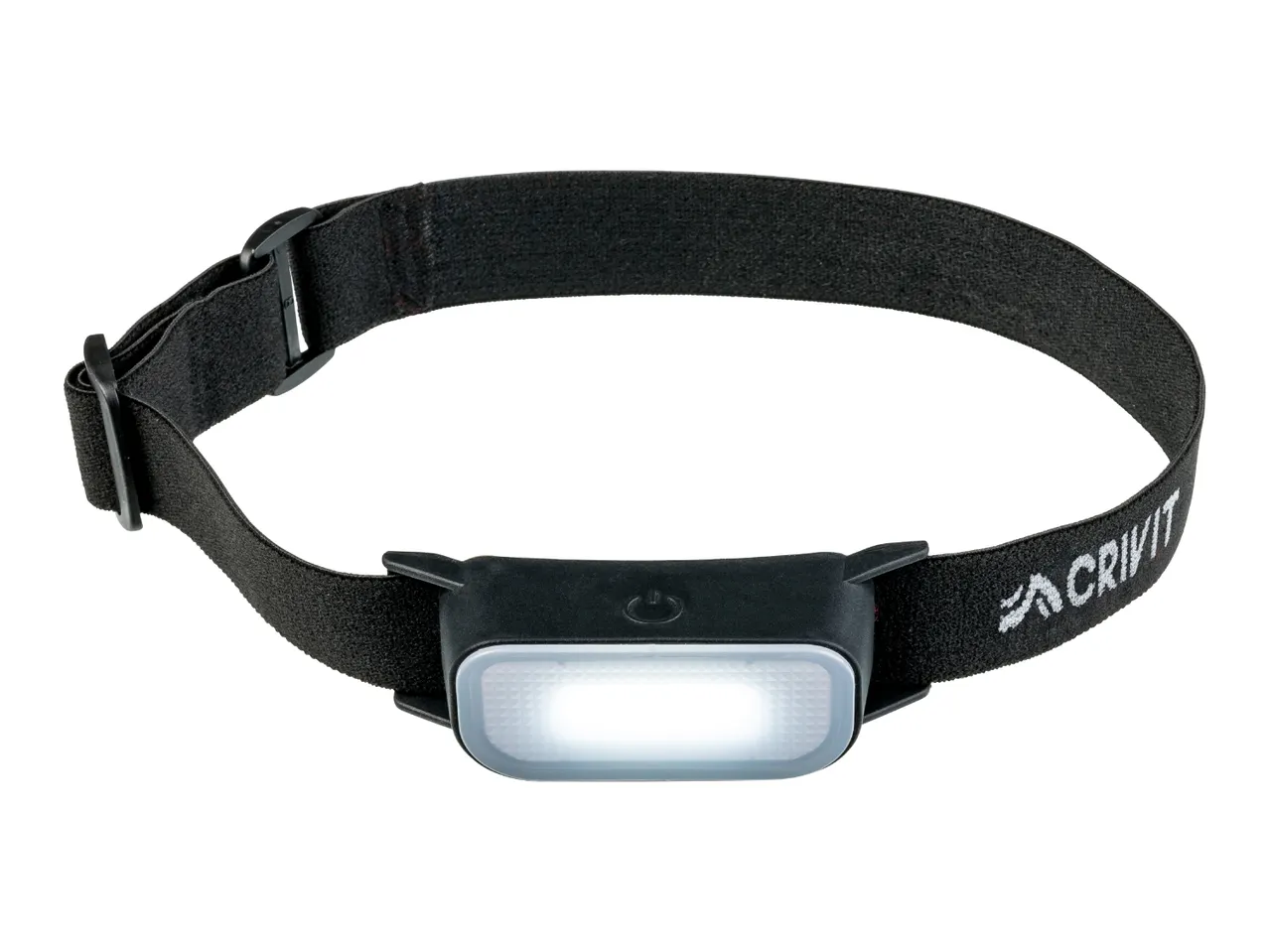Black elastic head torch with a glowing rectangular LED light