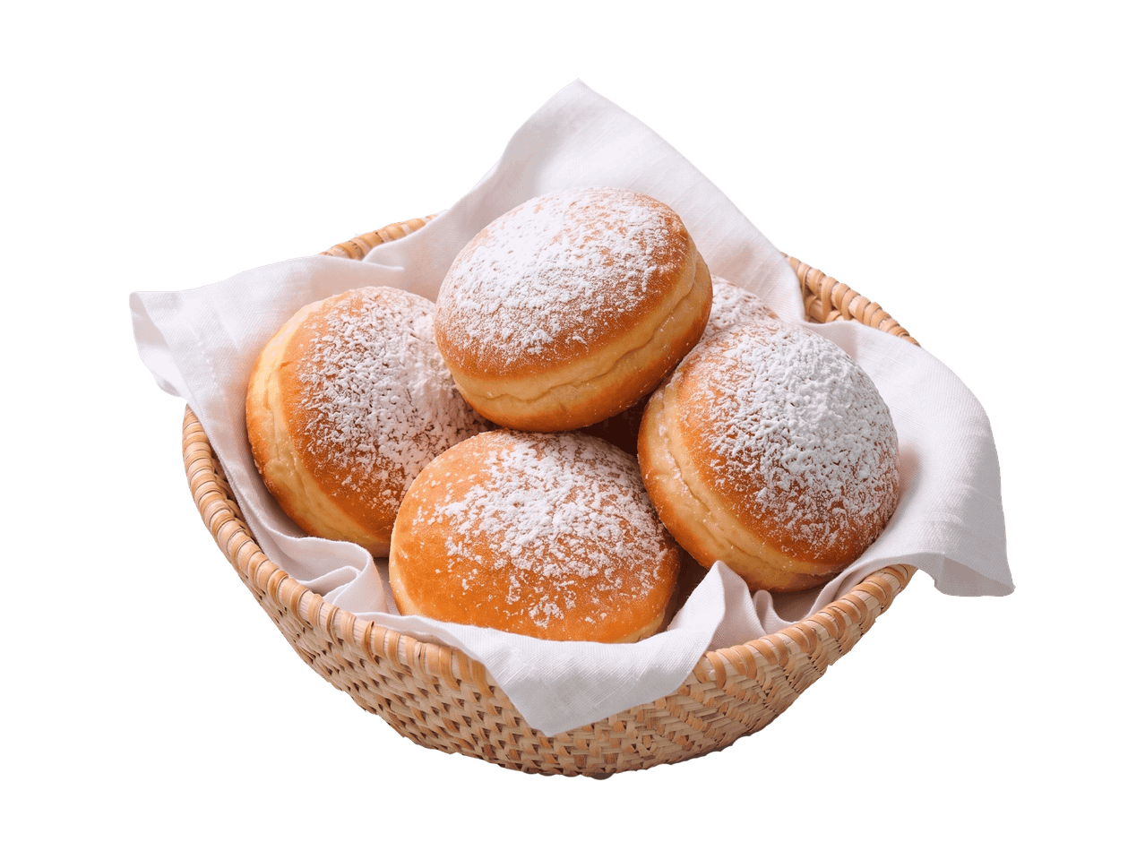 Berliner mit Puderzucker bestreut in einem Weidenkorb.