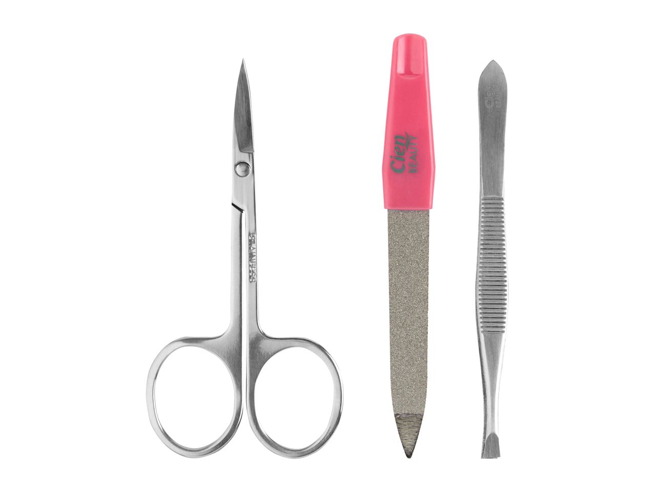 Manicure set with nail scissors, file, and tweezers.