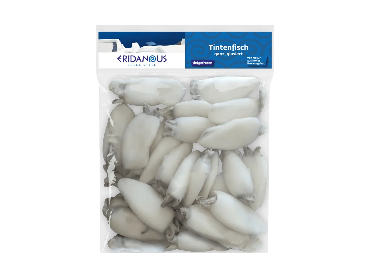 Tiefgekühlter ganzer Tintenfisch, glasiert, in einer durchsichtigen Verpackung.