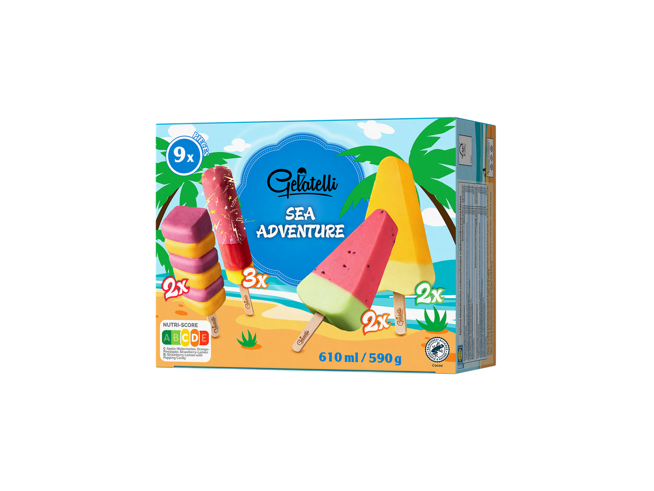 Gelatelli Sea Adventure: sladoledi na palčkah, okusi lubenica, pomaranča in jagoda.