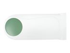 A sage green finger cot with a white plastic casing.