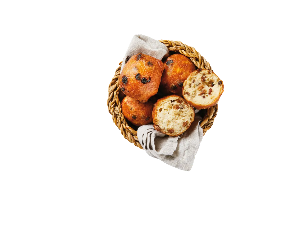 Gebakken bollen met rozijnen in een mandje.