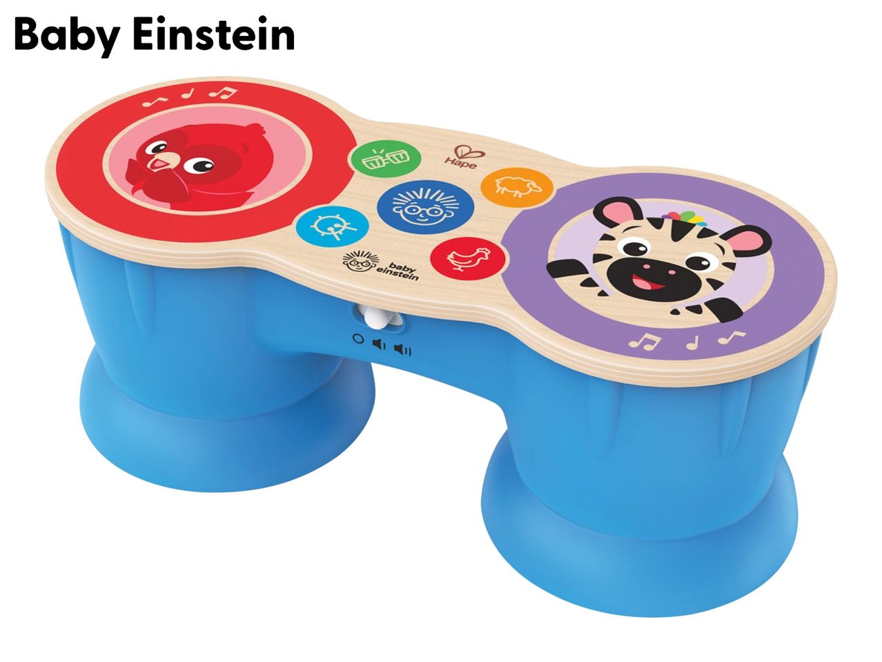 Baby Einstein Hape Magic Touch Drums with a red bird and zebra