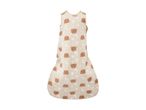 Baby sleeping bag with a beige background and a pattern of brown sleeping bears, moons, and stars.