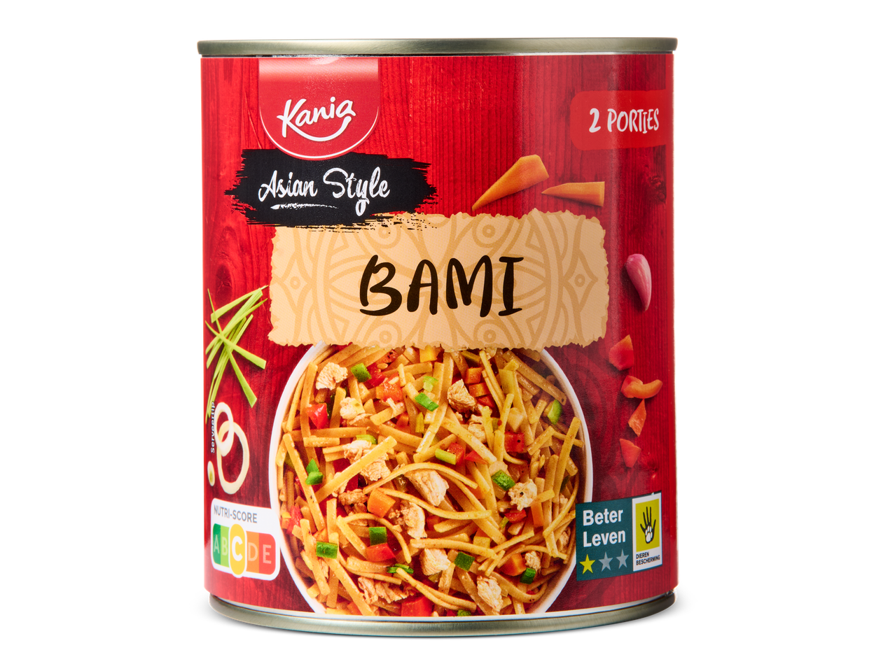 Blik met Aziatische bami, Nutri-Score A en 3 sterren Beter Leven keurmerk.